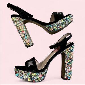 Betsey Johnson Kenna Platform Heels Size 6.5 Black Velvet Star Crystal Heel